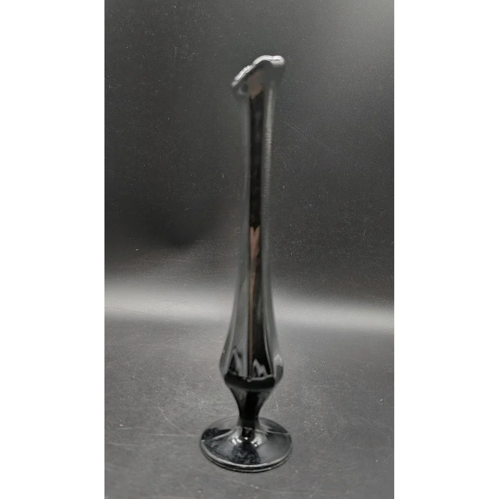 Vintage Fenton Black Amethyst Glass Bud Vase Tall Slender Paneled Pedestal 9